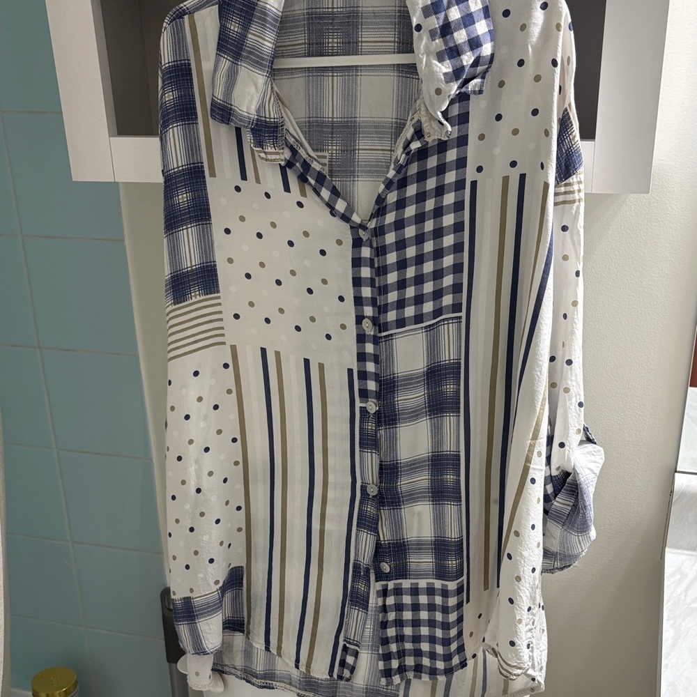Patchwork Button-Up Shirt in Navy and Cream